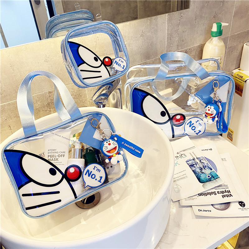 กระเป๋าเครื่องสําอาง PVC ใส แต่งซิป ขนาดเล็ก ลายการ์ตูนโดราเอมอนน่ารัก สําหรับนักเรียนหญิง