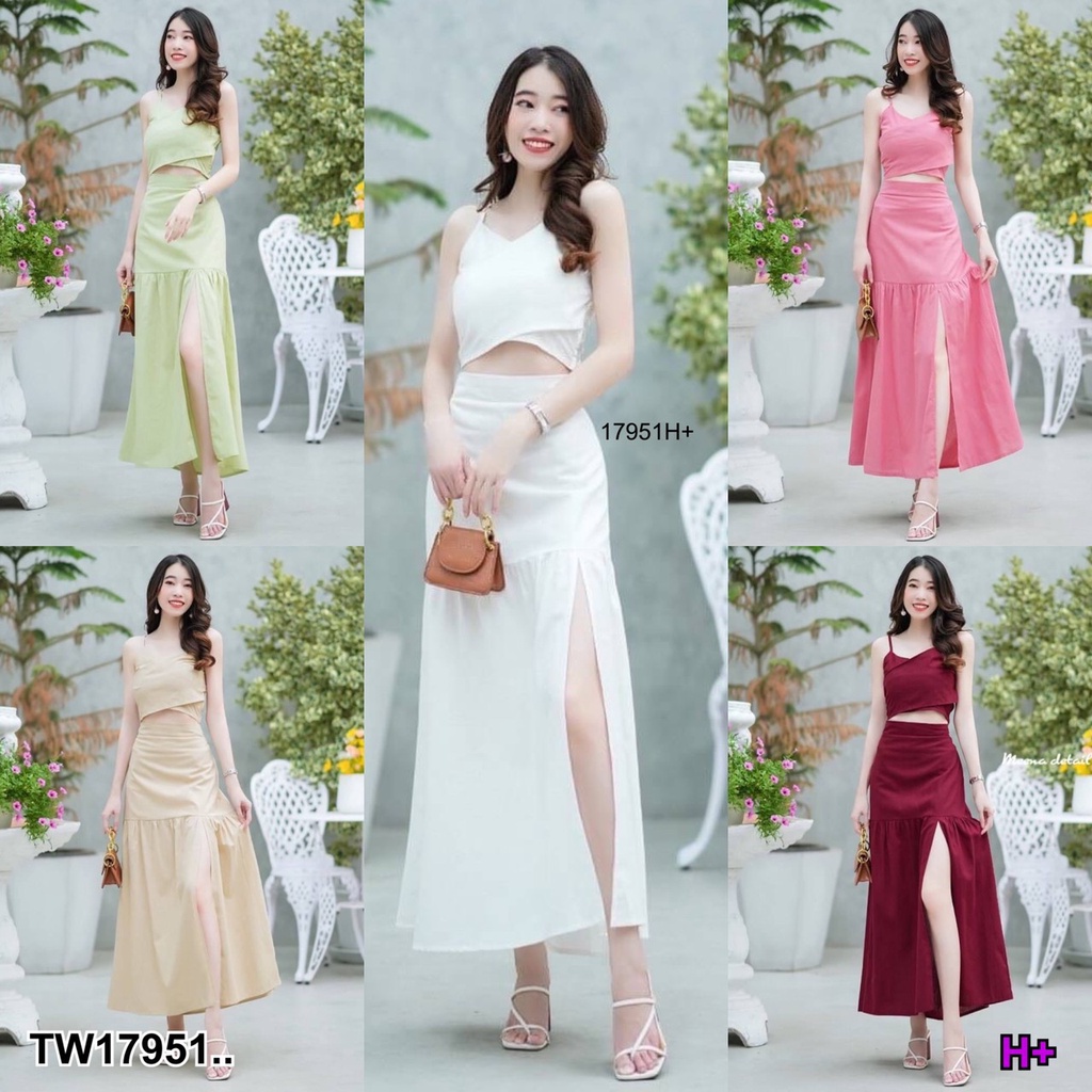 TwinsShopVip💗พร้อมส่ง TW17951 Set 2 ชิ้น เสื้อสายไขว้ด้านหน้า + กระโปรงยาว ผ่าหน้า ..