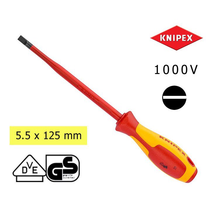 Knipex ไขควงกันไฟ VDE 1000V แกนสลิม สำหรับสกรูหัวแบน (ขนาด: ความกว้างหัว x ความยาวแกน)