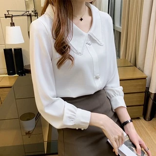 พร้อมส่งจากไทย แฟชั่น เสื้อเชิ้ตสีน้ำเงินผ้าชีฟอง มีปก เสื้อแขนยาวทำงานผู้หญิง ลดอายุ