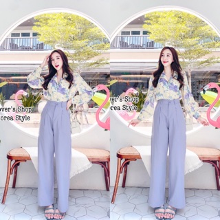 SET เสื้อลายดอกสีพาสเทล+กางเกงขายาวสไตล์หรูหราดูดี