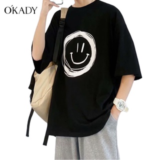 OKADY เสึ้อยึดผู้ชาย ผู้ชายสไตล์ฮ่องกงผ้าฝ้ายผสมเสื้อยืดInsแนวโน้มหลวมบวกหลวมสไตล์ฮาราจูกุแขนสั้นสำหรับผู้ชาย