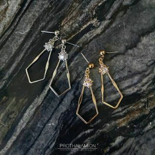 Silver CZ Diamond Gold Geometric Earrings ต่างหู ตุ้มหู เรขาคณิต ก้านเงิน สี เงิน ทอง เพชร ไม่แพ้ สำหรับ ผิวแพ้ง่าย