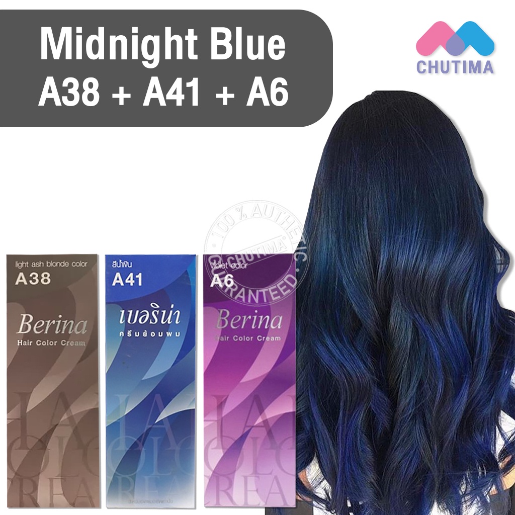 สีผมแฟชั่น เซตสีผม เบอริน่า แฮร์ คัลเลอร์ครีม สีดาร์กน้ำเงินประกายหม่น Berina Hair Color Cream Set A6 + A38 + A41