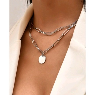 สร้อยคอแฟชั่น สร้อยคอโซ่ 2 ชั้น จี้กลม Round Charm Layered Necklace (ส่งจากไทย)