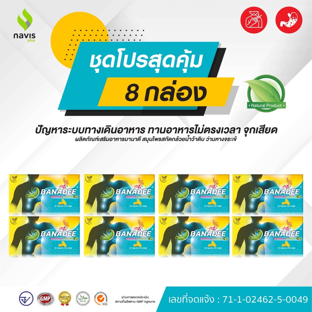 Banadee กล้วยน้ำว้าดิบ ว่านหางจระเข้ ​นาวิสพลัส โปรคุ้ม 8 กล่อง ​ดูแลอาการกรดไหลย้อน โรคกระเพาะ แสบร