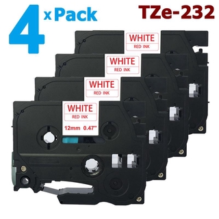 [สต็อกประเทศไทย]4 Pack 12mm Tze232 Red on White Label Tape for Brother PTouch 8M Length TZe-232 TZ-232 TZ232 Tze Tz 232