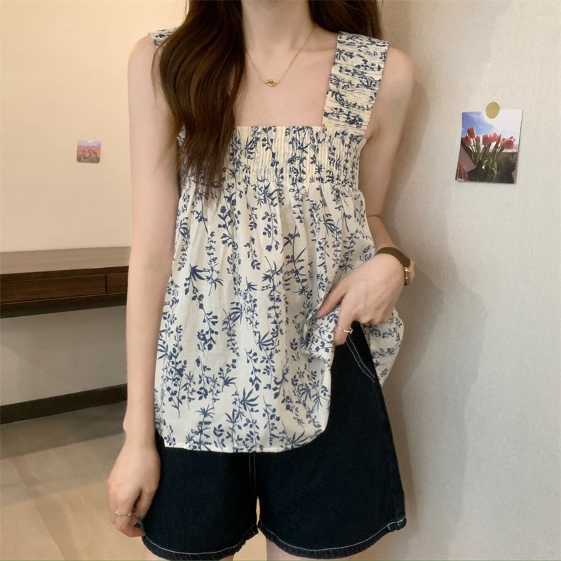 เสื้อสายเดี่ยว สายสม็อค ลายดอกไม้ สไตล์เกาหลี น่ารักๆ ใส่สบาย ทรงหลวม 324