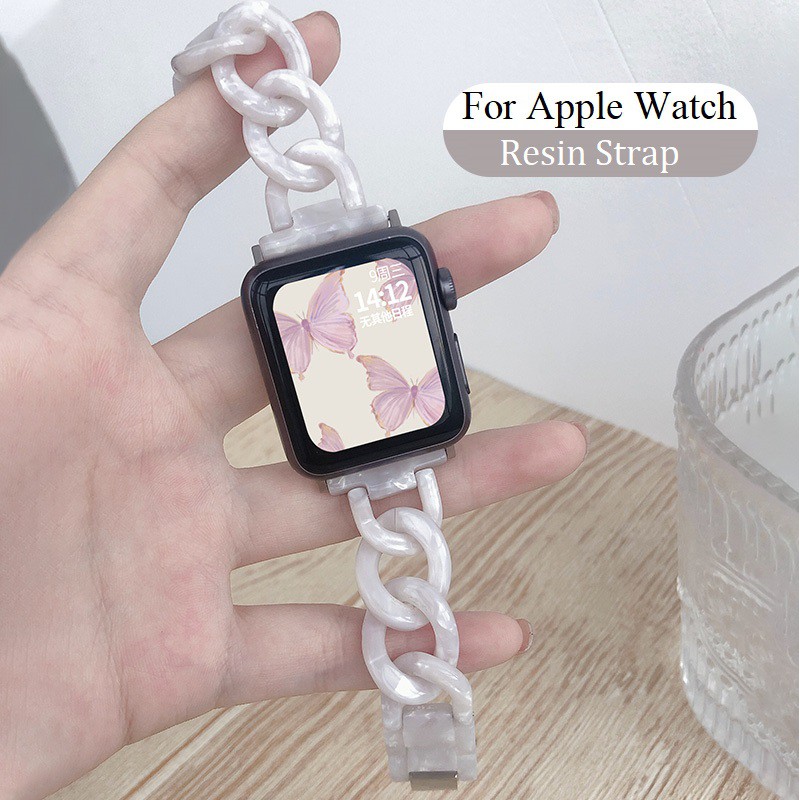 ใหม่ สายนาฬิกา Apple Watch Resin Straps เรซิน สาย Applewatch Series 7 6 5 4 3 2 1, Apple Watch SE Stainless Steel สายนาฬิกาข้อมือ for apple watch Series6 ,Series5,Series4 ,Series3 Watch band iwatch size 41mm 45mm 38mm 40mm 42mm 44mm สาย applewatch