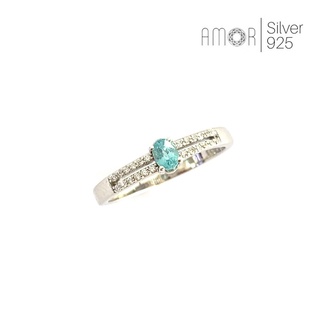 แหวนเงินแท้ 925 ฝังพลอยเพทาย(Blue Zircon) บ่าข้างด้วย cz