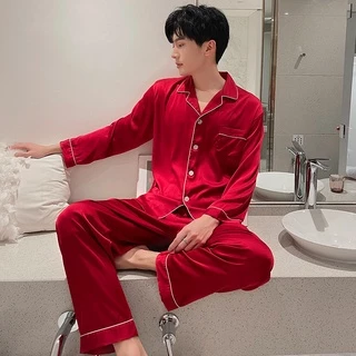แขนยาว+ขายาว M-5XL ชุดนอนผ้าซาติน ชุดนอนสีพื้น ชุดนอนแฟชั่นสไตล์เกาหลี ชุดนอนคู่รัก ส่งจากไทย