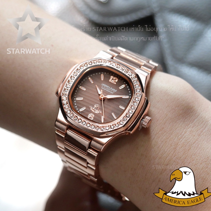 นาฬิกาข้อมือผู้หญิง นาฬิกาควอตซ์ AMERICA EAGLE นาฬิกาข้อมือผู้หญิง สายสแตนเลส รุ่น AE8014Lเพชร – PINKGOLD/BROWN