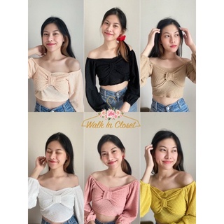 [พร้อมส่ง] 👚 ปาดไหล่แขนยาวผ้าย่นตัวใหม่แต่งโบว์🎀ใส่วันสบายๆน่ารักๆ