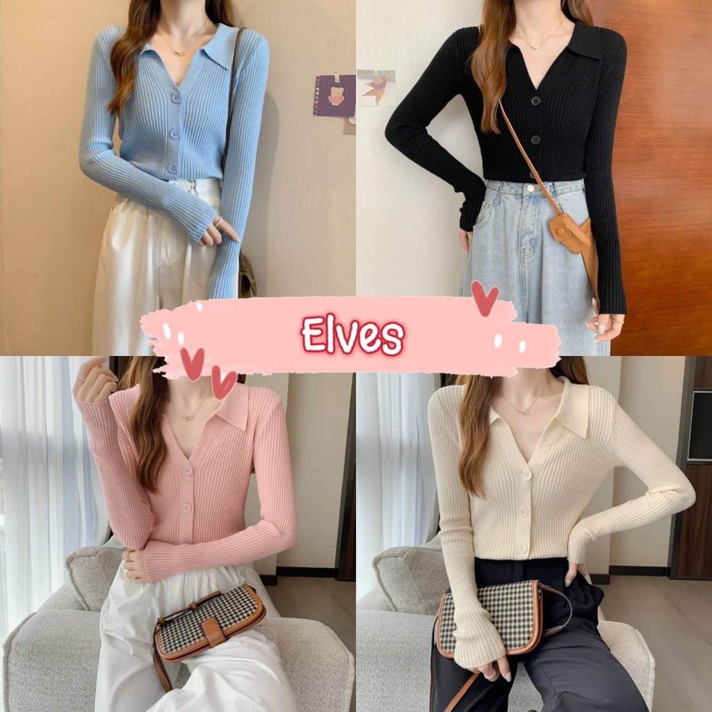 Elves พร้อมส่ง เสื้อแขนยาวไหมพรม คอปก กระดุมด้านหน้าสีพาสเทลน่ารัก ~13088~ -C