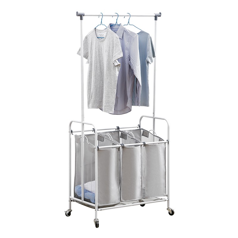 ราวตากผ้า ราวแขวนผ้าตั้งพื้นมีล้อพร้อมตะกร้าผ้า 3 ถุง เหล็กพ่นสี KASSA HOME รุ่น 131301 สีเทา