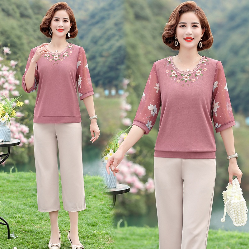 Mom เสื้อยืดแขนสามส่วนสุภาพสตรีฤดูใบไม้ผลิ 2022 ฤดูร้อนใหม่บางเสื้อยืด ...