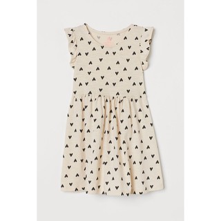 H&amp;M Basic Organic Cotton เดรสเด็กผู้หญิง เดรสแขนกุด แต่งจีบระบายช่วงไหล่ สีครีมอ่อนเบจ ลายหัวใจ