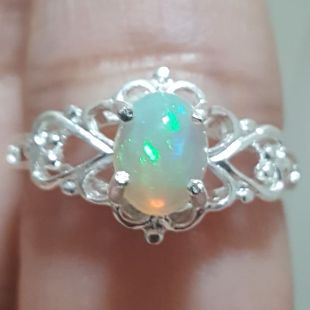 แหวนเงินแท้925 โอปอลแท้ (Natural opal ring) Size 6.5