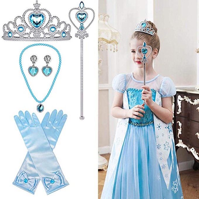 Frozen II Elsa และ Anna Princess Dress Up อุปกรณ์เสริม Crown Scepter สร้อยคอต่างหูแหวนวิกผมและถุงมือสําหรับสาว Carnival วันเกิดปาร์ตี้ฮาโลวีน