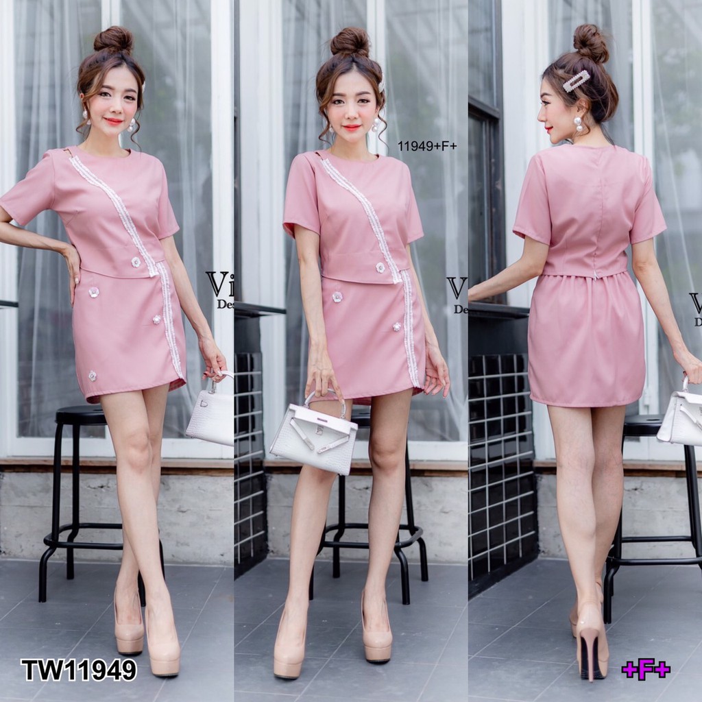 S11949 Set เสื้อแขนสั้น+กระโปรง แต่งลูกไม้ 💚พร้อมส่งในไทย💚