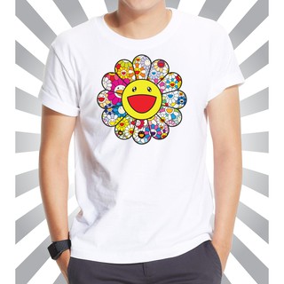 เสื้อยืดผู้ชาย ลายดอกไม้ มุราคามิ ดอกไม้สีรุ้ง Murakami Flower Rainbow เสื้อยืดแฟชั่น เสื้อยืดคอกลมแขนสั้น สีขาว