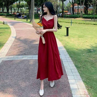 🌺S~3XL ชุดเดรสแขนกุดเอวสูงทรงสลิมสีแดงย้อนยุคเซ็กซี่สีแดง