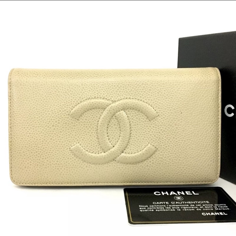 Chanel CC logo beige carviar bifold long wallet
