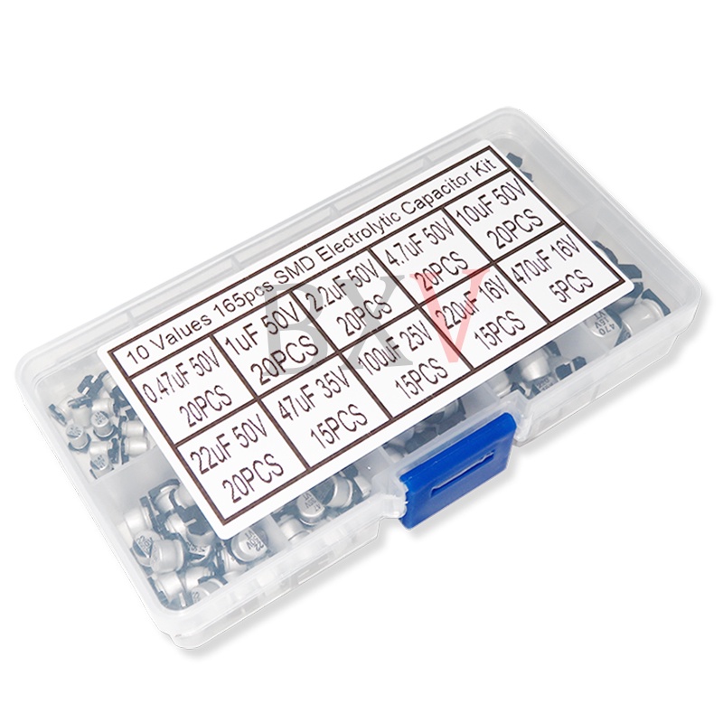 165 ชิ้น/ล็อต 10 ค่า SMD อลูมิเนียม Electrolytic Capacitor ชุดสารพันชุดตัวอย่างชุด 0.47uF 1uF 2.2uF 4.7uF 10uF 22uF 47uF 100uF