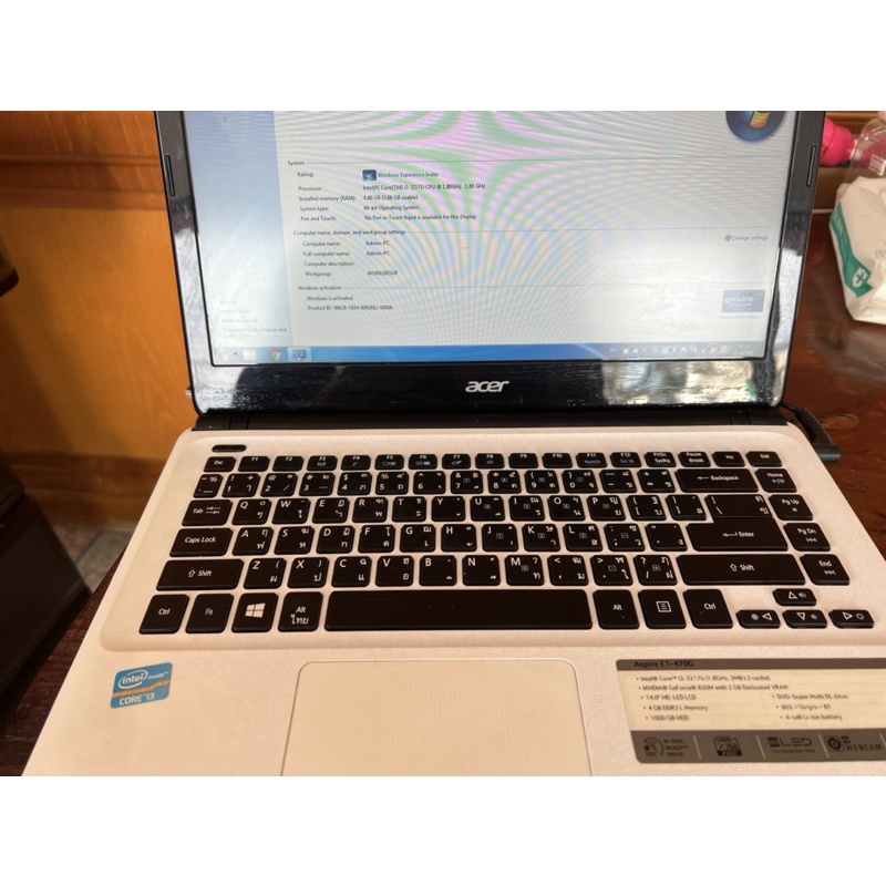 โน๊ตบุคมือสอง acer core i3-3217u 1.8ghz 3mb l3 cache ความจุ1TB แบตใช้งานปกติลำโพงเสียงเบา ที่ชาร์จพร