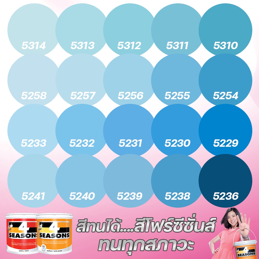 TOA สี 4 SEASONS สีภายนอก+ภายใน กึ่งเงา/ด้าน สีฟ้า (ขนาด 3L) เฉดสีบ้านสบาย สีเกรด8ปี  สีน้ำ สีทาบ้าน