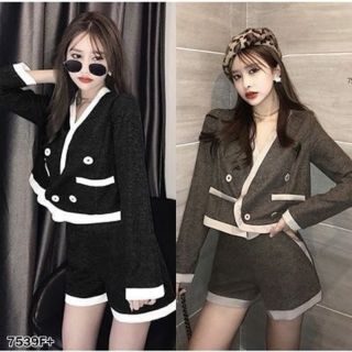 Set เสื้อทรงสูทแขนยาว ผ้าแจ๊คการ์ดงานติดกระดุมหน้า