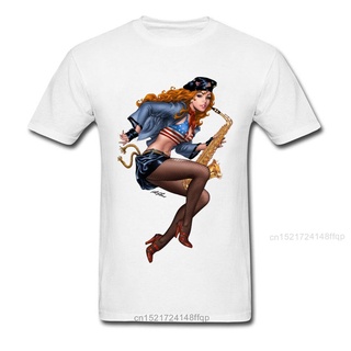 เสื้อยืดครอปใหม่ เสื้อยืดแขนสั้น คอกลม ผ้าฝ้าย 100% พิมพ์ลายแซกโซโฟน Playing Redhead Pinup แฟชั่น สําหรับนักเรียนS-5XL