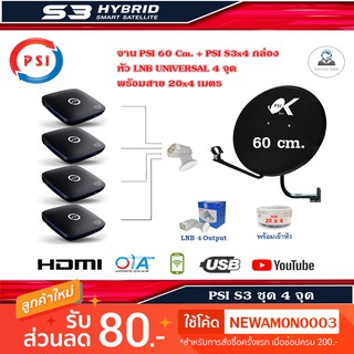 กล่องรับสัญญาณดาวเทียม PSI S3 HDx4+ ชุดจานดาวเทียม PSI 60 cm. พร้อมสาย 20x4 เมตร