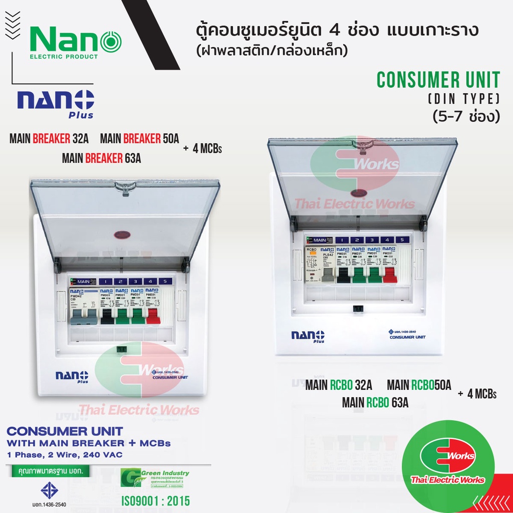 ตู้คอนซูมเมอร์ NANO Plus ตู้ควบคุมไฟ ตู้โหลดกันดูด 5 ช่อง เมนธรรมดา MCB เมนกันดูด RCBO 32A,50A.63A นาโน