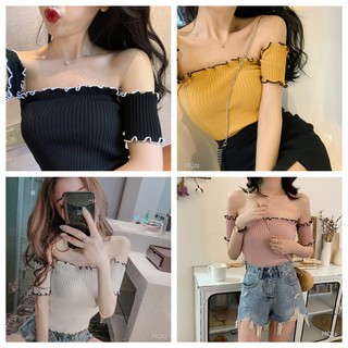 MQzz4289🍓พร้อมส่ง🍓 เสื้อเปิดไหล่ เสื้อปาดไหล่ ไหมพรมบาง สุดเซ็กซี่ Free Size