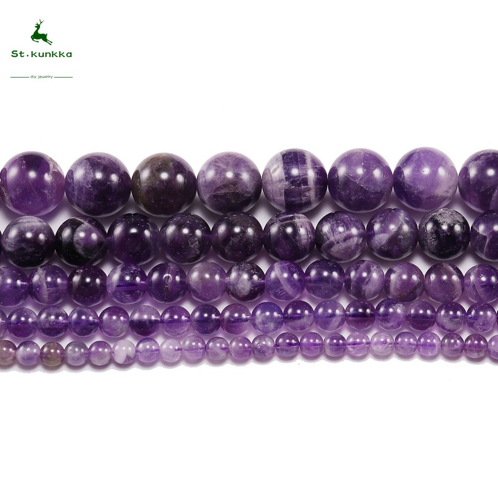 St.kunkka Natural Amethystes Crystal Stone Round Bead - สีม่วง (1Strand/Lot 4 x 6 x 8 x 10 x 12mm)