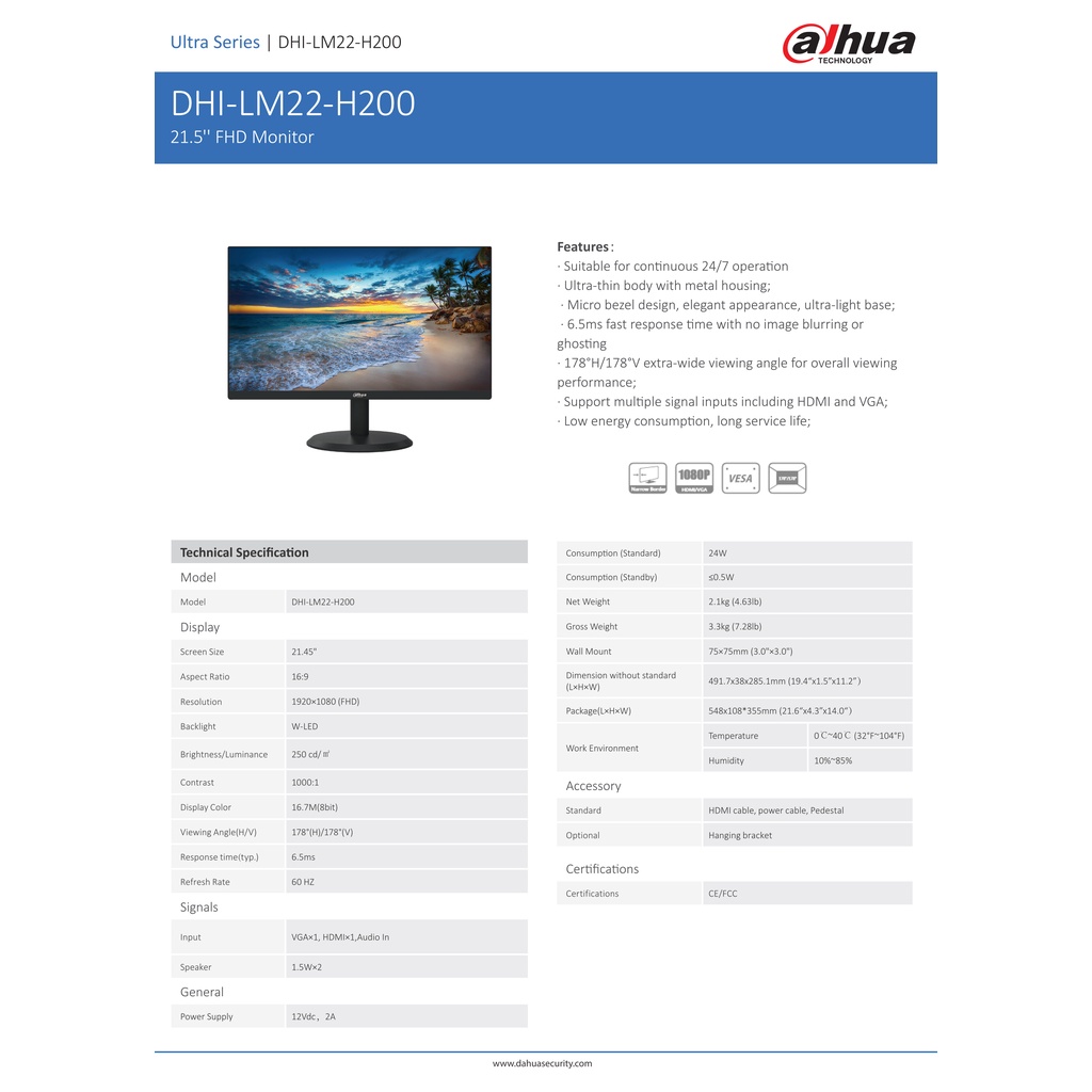 Dahua จอมอนิเตอร์ Full HD รุ่น DH-LM22-H200 21.5 นิ้ว #3