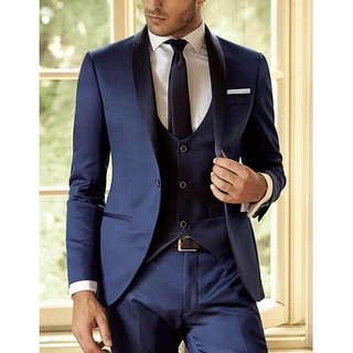 New Arrival Dark Blue ชุด Slim Fit 3ชิ้นเจ้าบ่าวผ้าคลุมไหล่ Tuxedo ที่กำหนดเองชุดพรรค Blazer Terno Masculino