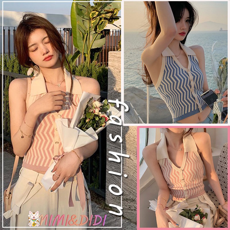 mimi&didi เว้าหลังเซ็กซี่ เสื้อคล้องคอ คอปก เว้าหลัง เนื้อผ้าไหมพรม แขนกุด แต่งติดกระดุม (88041)