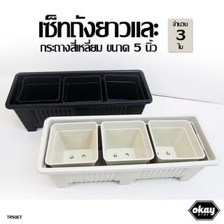 Okay plas set ถังยาว 19 นิ้ว และ กระถางสี่เหลี่ยม ขนาด 5 นิ้ว จำนวน 3 ใบ