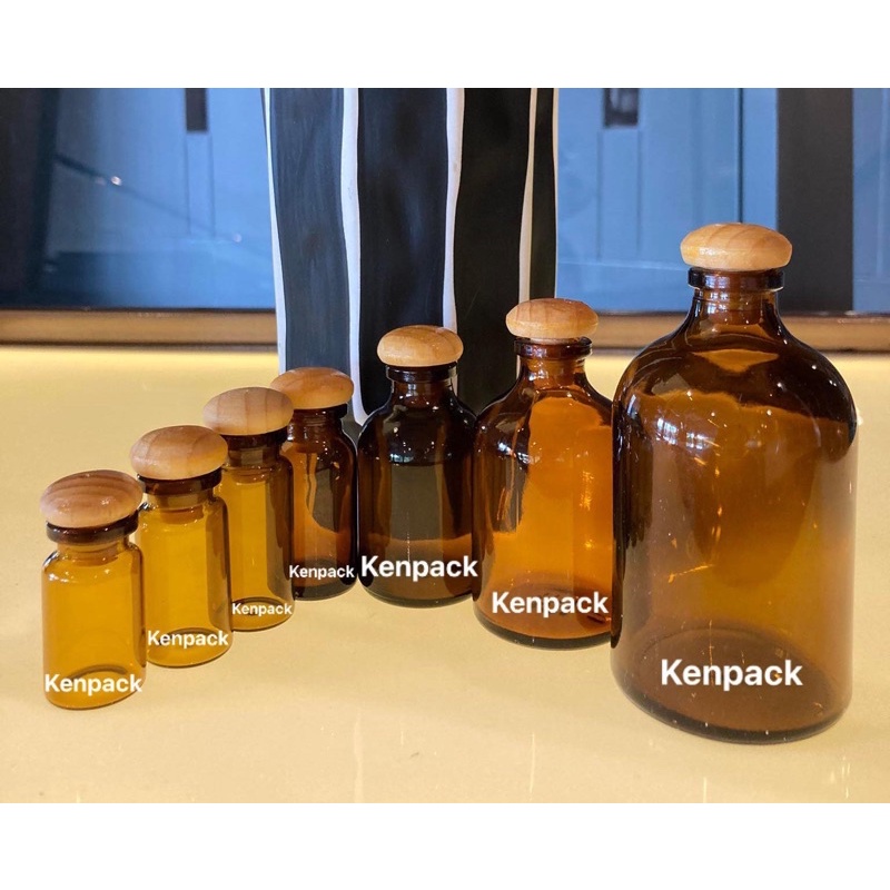 โคตรสวย ขวดแก้วสีชาฝาไม้เห็ดขนาด 7-100 ml