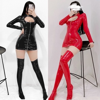 L326 เดรสหนังลาเท็กซ์ Latex ชุดหนังแก้ว ชุดหนัง เดรสหนัง แขนยาวผิวมันเงา ***ไม่มีถุงน่อง