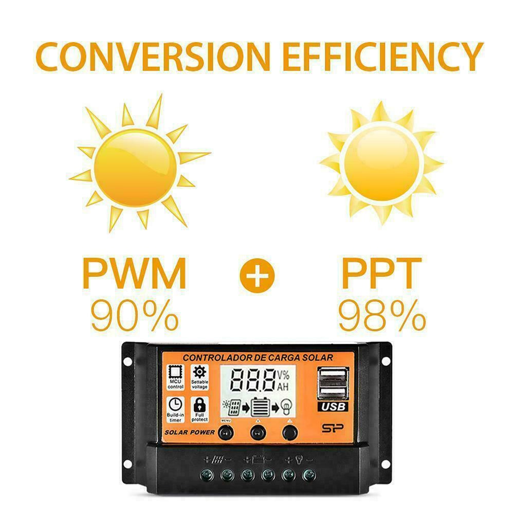 100A MPPT/PWM Solar Panel Regulator Battery Charge Controller LCD Dual USB 12V/24V