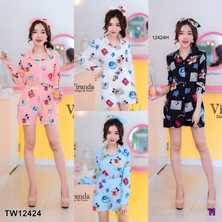 G12424 เสื้อเชิ้ตแขนยาว+กางเกงขาสั้น+โบว์ผูกผม ลายการ์ตูน