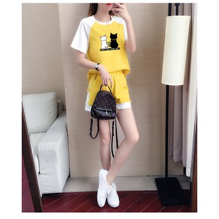 ►NEW◄ชุดเซทเสื้อกางเกง เสื้อยืดคอกลม เสื้อลำลอง โอเวอร์ไซส์  สีเหลือง รหัสSet3