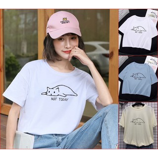 🐱POOHPAND🐱 เสื้อยืดแฟชั่น หญิง-ชาย แนวมินิมอล วิถีSlowLife แขนสั้น T-Shirt สไตล์เกาหลี ลายแมวขี้เกียจ NotToday #4002