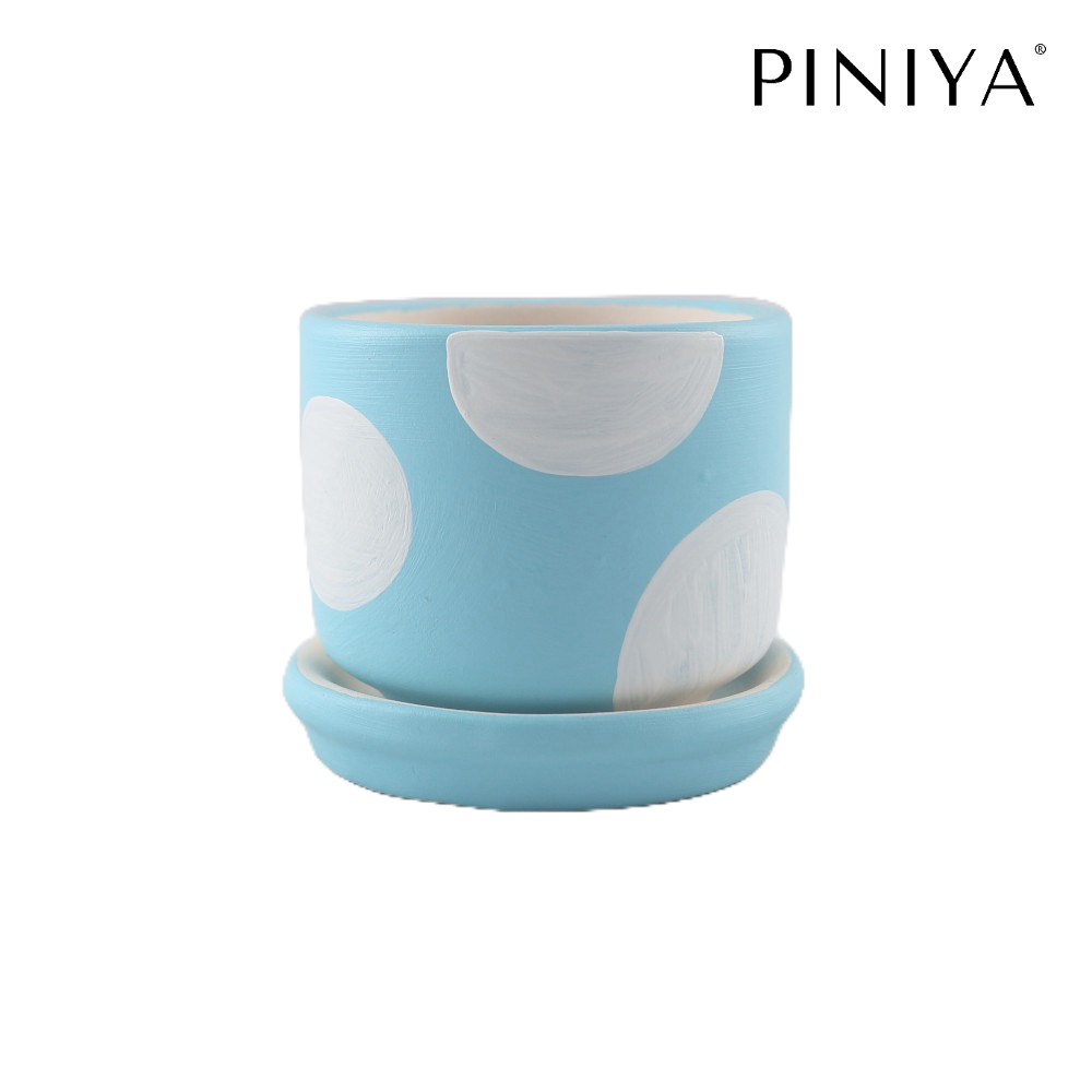 Piniya - กระถางต้นไม้ ดินเผา รุ่น น่ารักเล็ก, ลายจุดขาว, สีฟ้า รหัส 32