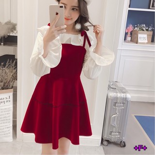 พร้อมส่ง 🎉 เดรสสายเดี่ยวแบบผูกไหล่ พร้อมเสื้อสีขาวระบายช่วงคอ