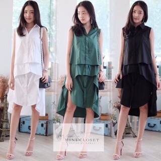 เดรสเชิ้ตแขนกุด ด้านหน้าเลเยอร์ 3ชั้น ดีไซน์เก๋