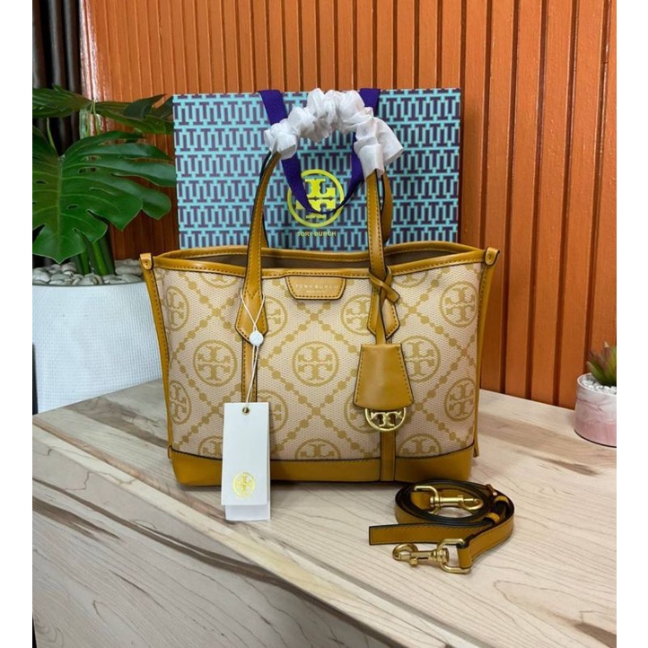 Tory burch perry monogram jacquard small triple compartment tote | Shopee  Thailand